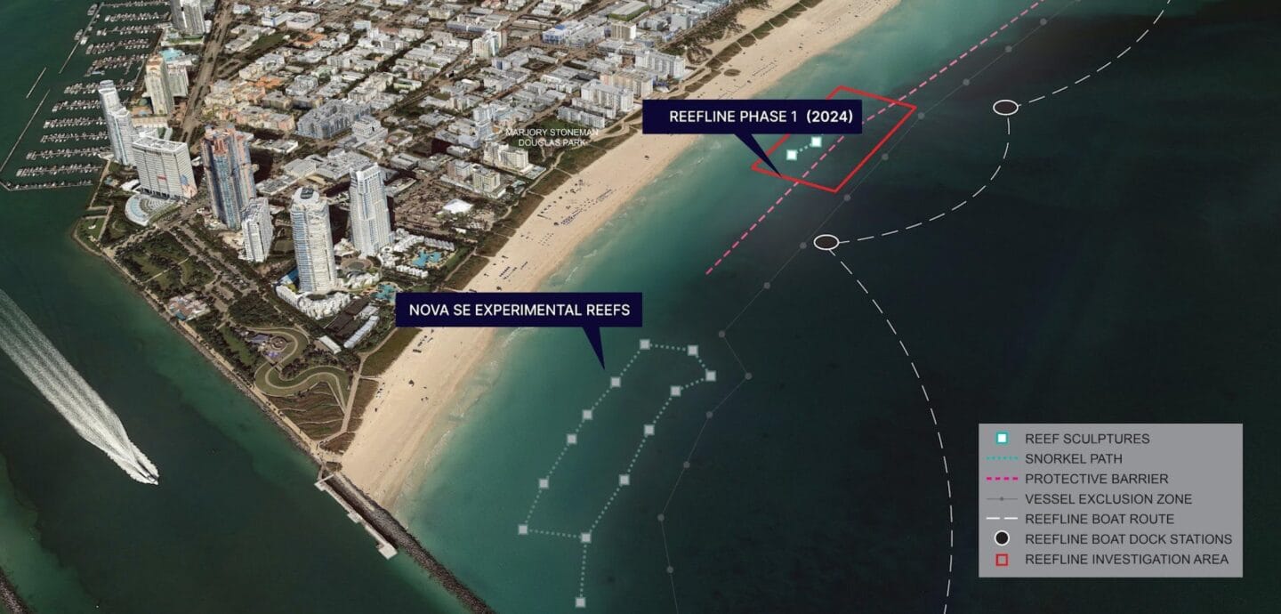 The ReefLine masterplan — a 7-mile underwater public sculpture park off Miami Beach.