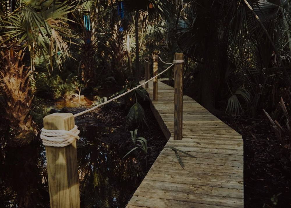 Rope-lined wooden boardwalk winding through palm forest at ChoZen