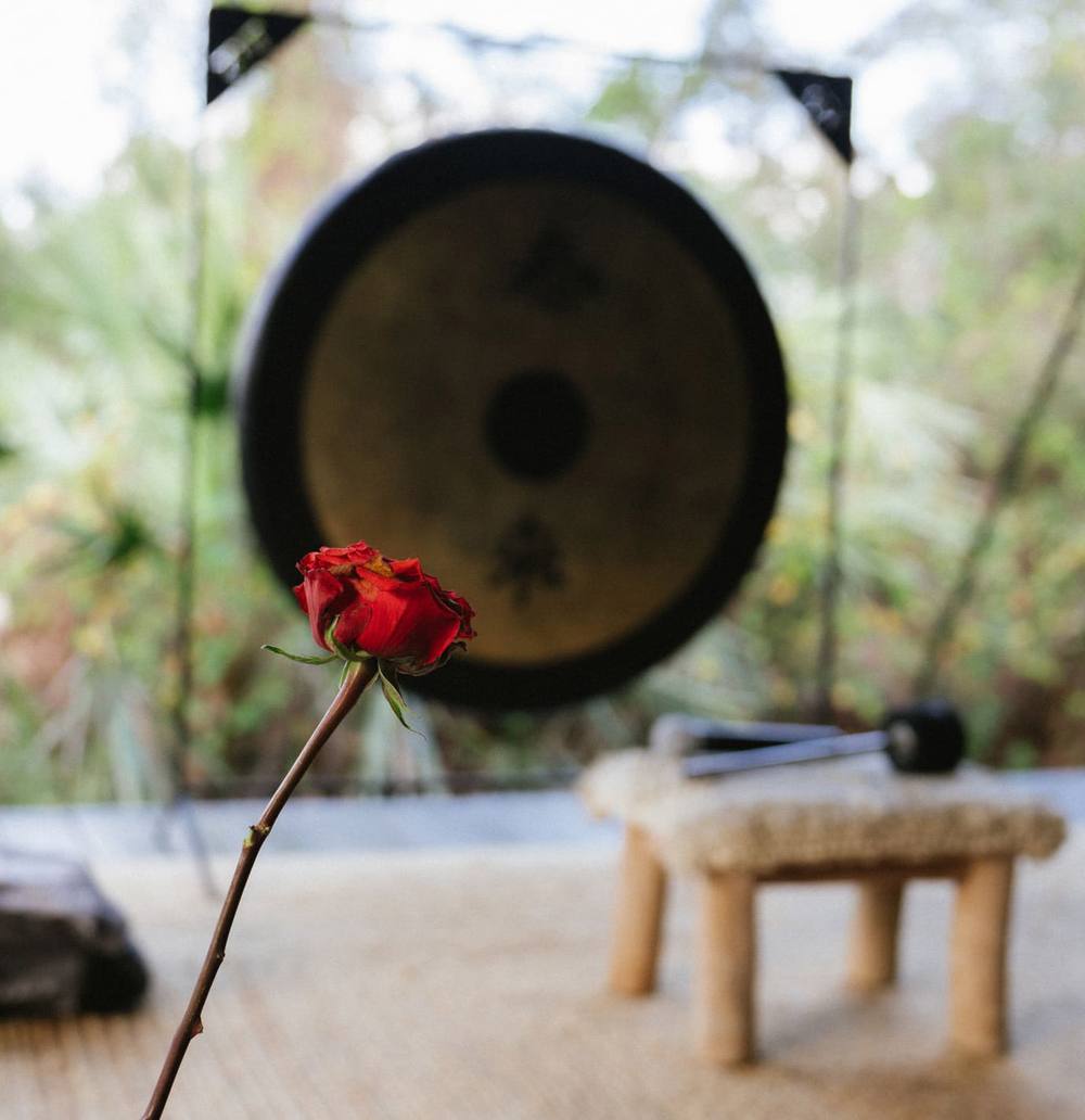 Red rose before a large gong set for a sound meditation at ChoZen