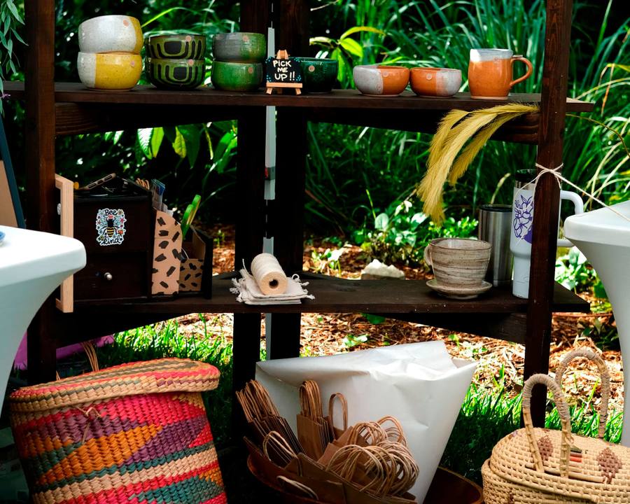 Handmade ceramic bowls displayed at a local maker's stall at the ChoZen market