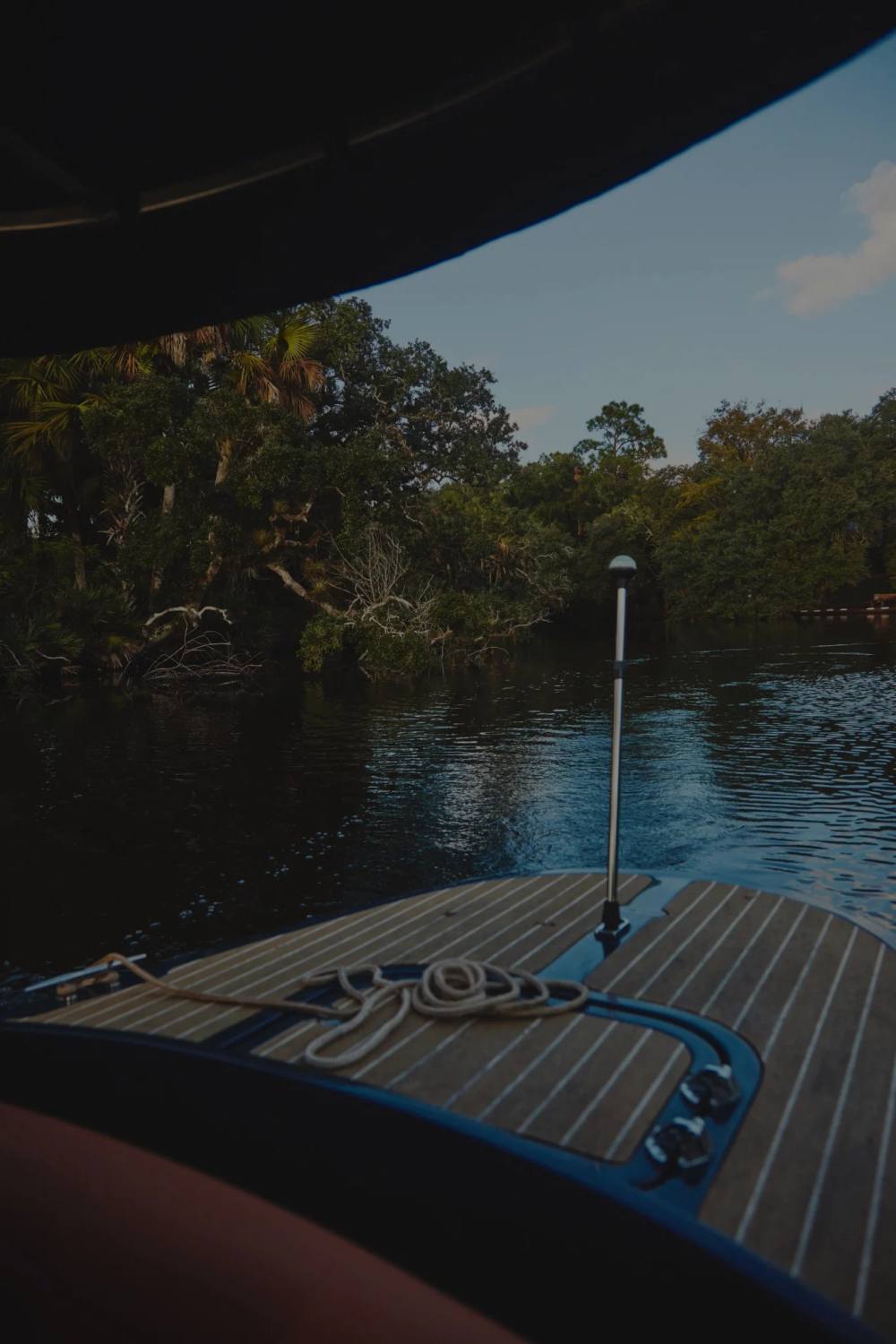 Bow of a boat cruising the St. Sebastian River on a ChoZen river safari sunset cruise